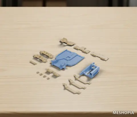 Vista de Chassis Plate, Motor Pod and Mounting Parts for a T-Zeta 1:28 RC Project - 3MF