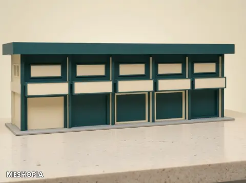 Vista de Slot-Car Pit-Lane Garage — Modular STL Scenery Kit