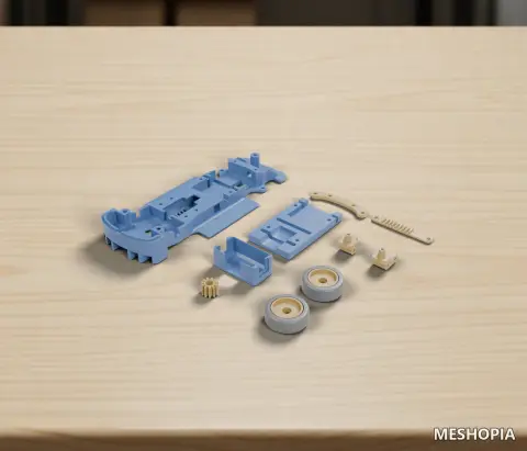 Vista de Chassis, Steering Parts and Wheels for a Carrera 132 RC Conversion - Twelve STL Files