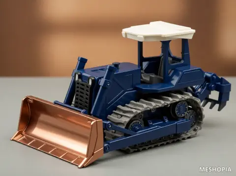 Vista de RC-Style Bulldozer Body Tracks Blade and Ripper Geometry - Sixty-Four STL Files